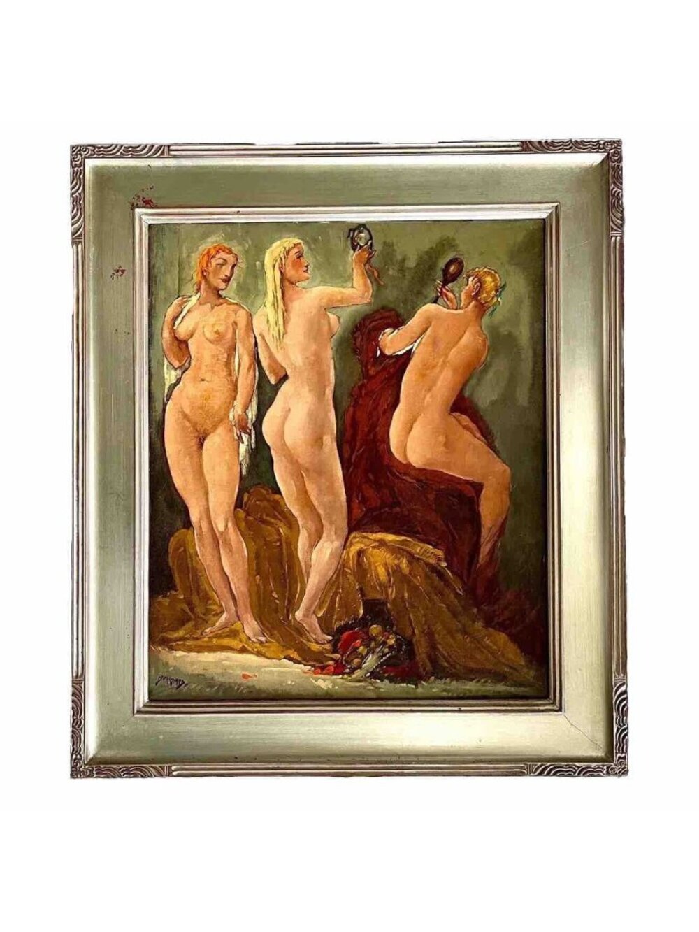 Henri BURKHARD Listed NYC Paris 1930s Expressionist 3 Graces Nude Oil Painting